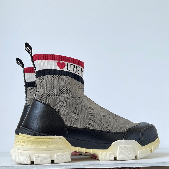 LOVE MOSCHINO Jacquard knit-paneled faux leather high-top sneakers US9 IT39 - Picture 8 of 10